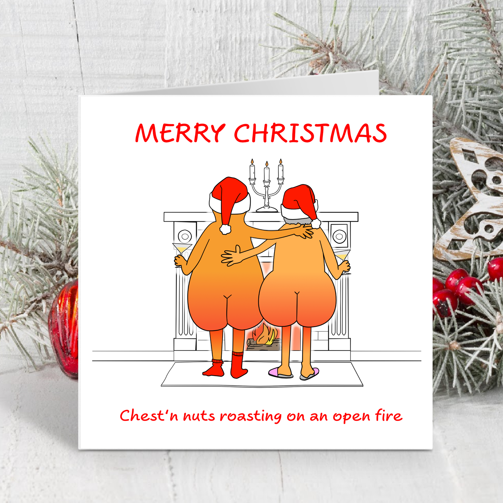 Funny Chestnuts Christmas Card - Humorous Naturist Nudist Xmas Card - Chest and Nuts Roasting