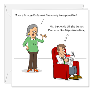 Funny Birthday Card for Wife Mum Aunt Female Lazy Husband Humor Humorous Cheeky Lottery Scam