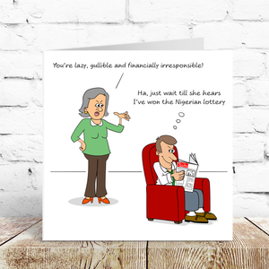 Funny Birthday Card for Wife Mum Aunt Female Lazy Husband Humor Humorous Cheeky Lottery Scam
