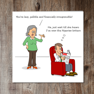 Funny Birthday Card for Wife Mum Aunt Female Lazy Husband Humor Humorous Cheeky Lottery Scam