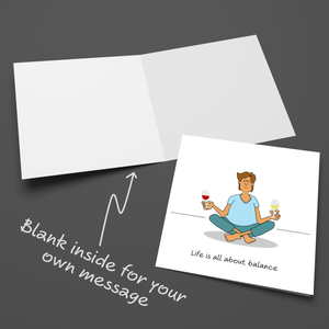 Funny Male Friend Birthday Card Humorous for Men Life About Balance Yoga and Wine Brother Uncle Dad Son Him