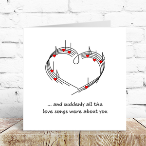 Love Song Anniversary, Birthday or Valentines Day Card for boyfriend, girlfriend, wife, or husband - heart music lyrics