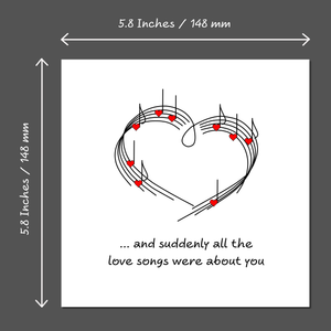 Love Song Anniversary, Birthday or Valentines Day Card for boyfriend, girlfriend, wife, or husband - heart music lyrics