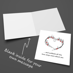Love Song Anniversary, Birthday or Valentines Day Card for boyfriend, girlfriend, wife, or husband - heart music lyrics