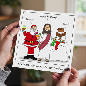 December Birthday Card - Combined Christmas Jesus Santa Claus -  Funny, Humorous and Amusing Cartoon
