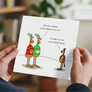 Funny Christmas Card for all the family, friends, children, work colleague - humorous reindeer horse cartoon. Cheeky cute design by Swizzoo