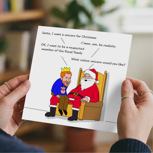 Funny Prince Harry and Meghan Markle Christmas Card - Harry with Santa Claus - Royal Family Respect - Unicorn Humorous / Humor - Joke Cartoon Fun