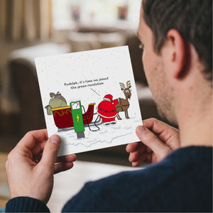 Funny Christmas Card Santa Claus Goes Green Sustainable Environmentally Friendly EV Car Electric Charging Amusing Humorous Reindeer