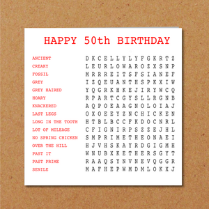 50th Birthday card wordsearch