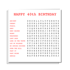 funny 40th wordsearch birthday card