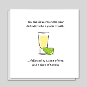 Tequila Birthday card 18th 21st 30th 40th 50th friend friendships. Funny, humorous amusing and fun card. Alcohol lime salt. Handmade
