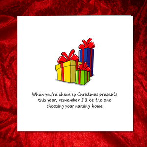 Funny Christmas Card for Mum, Dad, Parents - choosing presents or gifts - humorous amusing xmas card - adult rude and fun