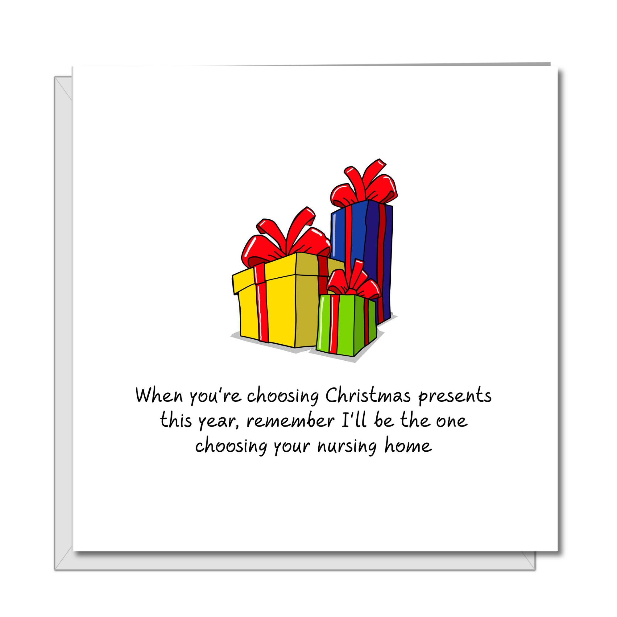 Funny Christmas Card for Mum, Dad, Parents - choosing presents or gifts - humorous amusing xmas card - adult rude and fun