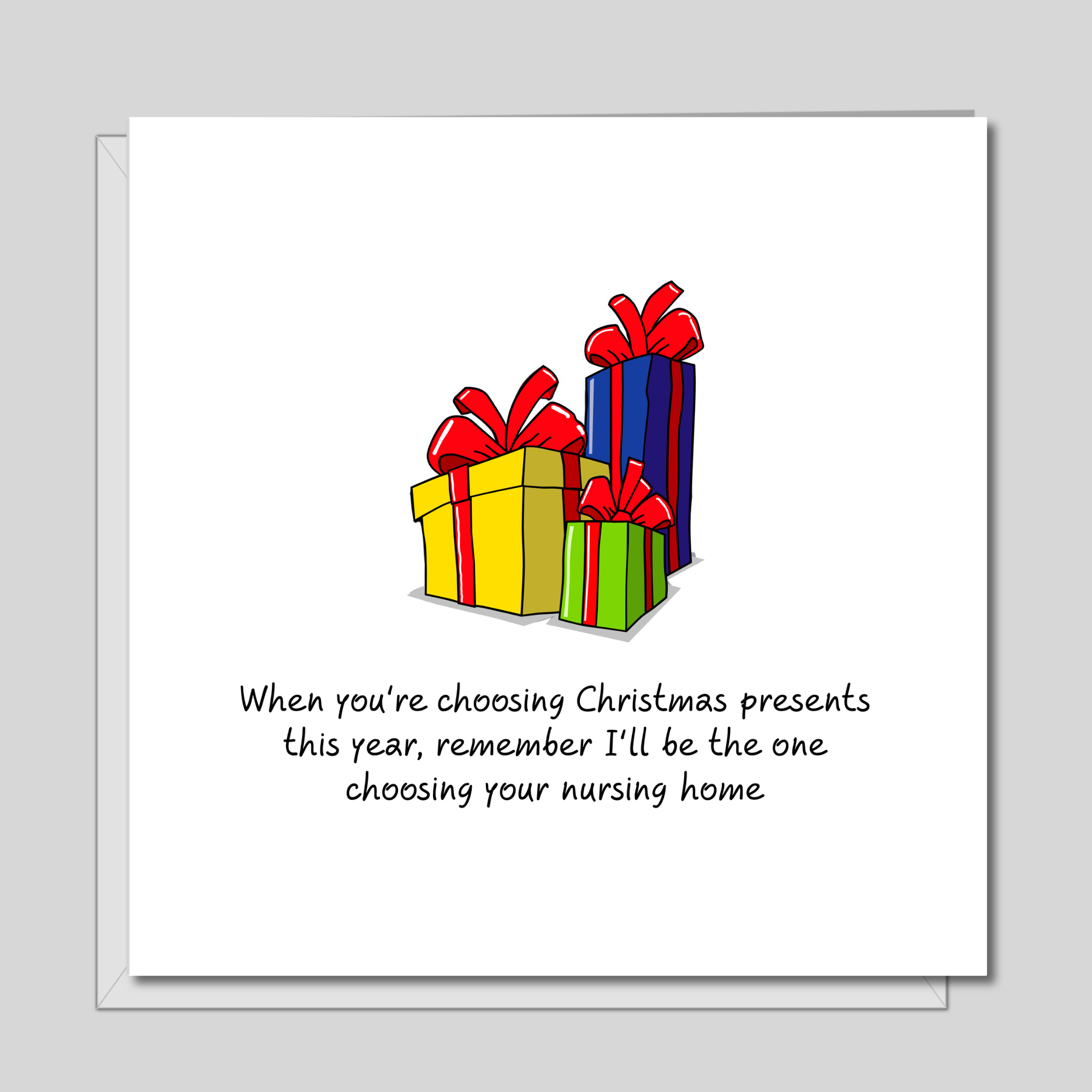Funny Christmas Card for Mum, Dad, Parents - choosing presents or gifts - humorous amusing xmas card - adult rude and fun