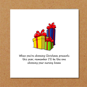 Funny Christmas Card for Mum, Dad, Parents - choosing presents or gifts - humorous amusing xmas card - adult rude and fun