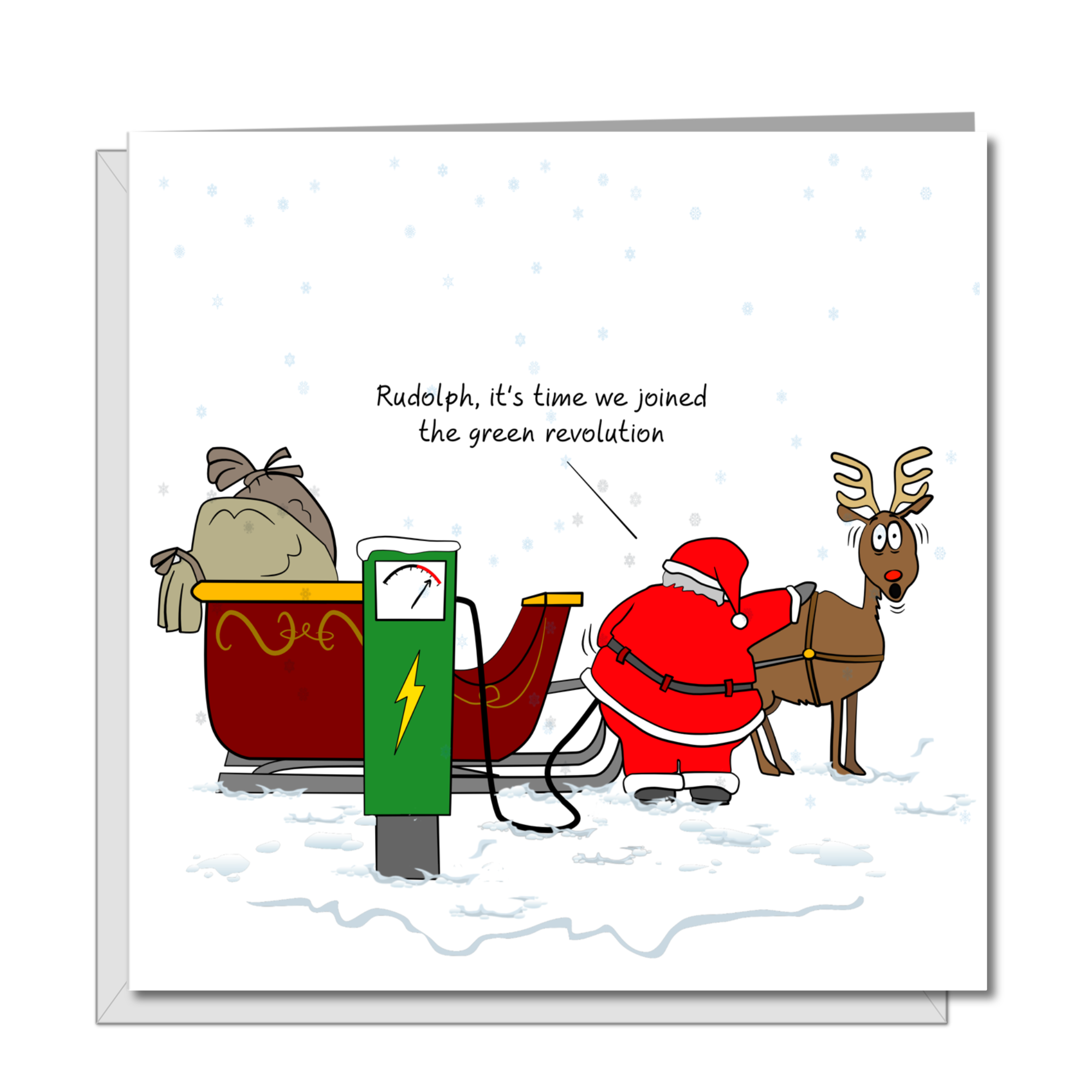 Funny Christmas Card - Santa goes green / sustainable / environmentally friendly with electric charging - amusing humorous card