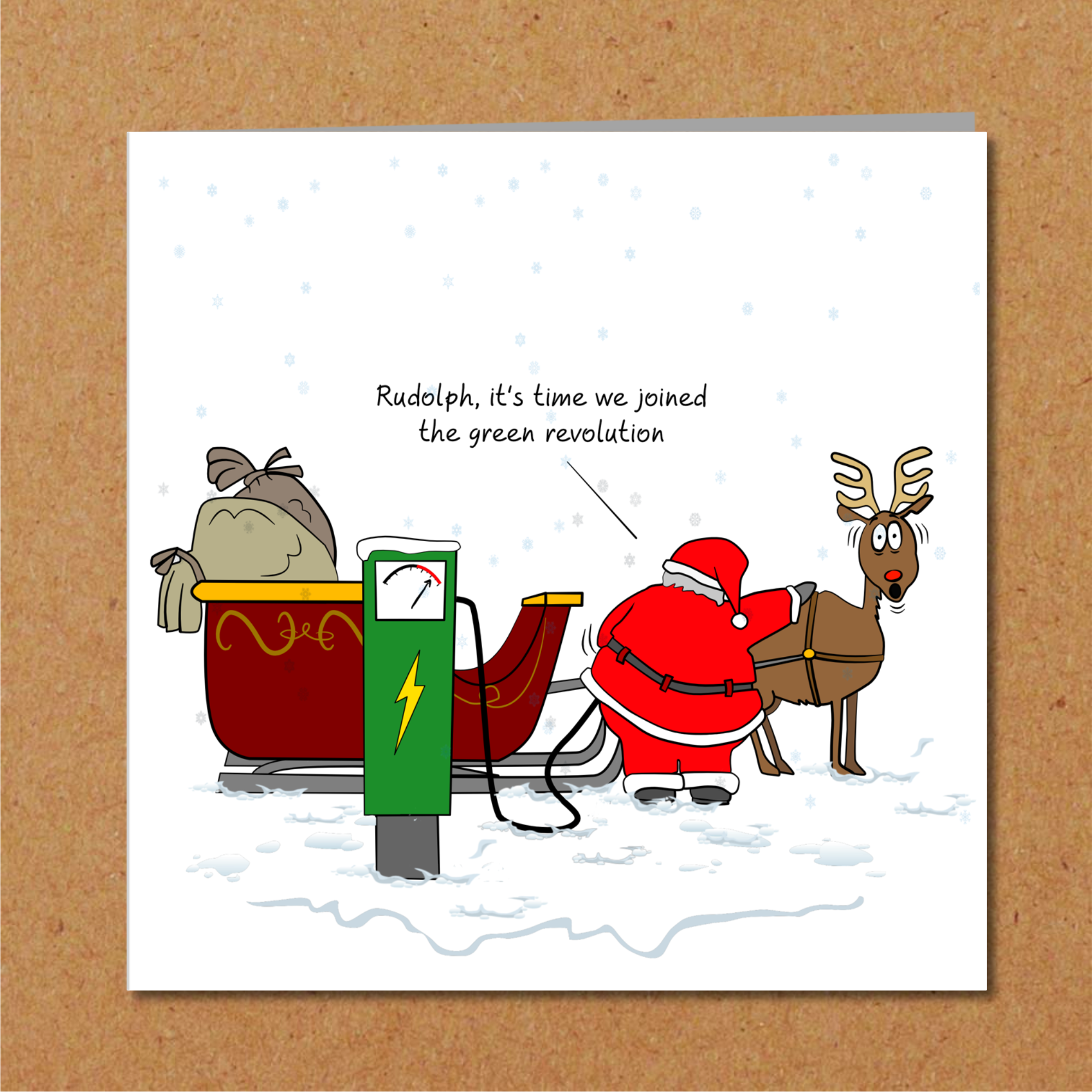 Funny Christmas Card - Santa goes green / sustainable / environmentally friendly with electric charging - amusing humorous card