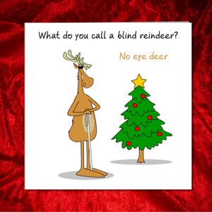 Funny Joke Christmas Card for kids children student teacher, family - What do you call a blind reindeer? No eye deer