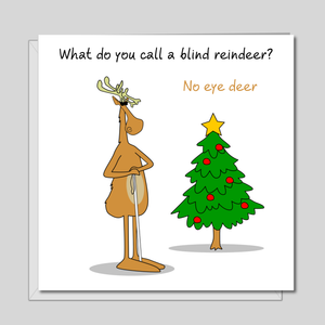 Funny Joke Christmas Card for kids children student teacher, family - What do you call a blind reindeer? No eye deer