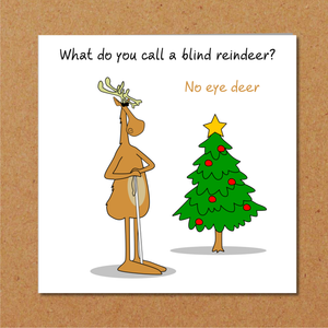 Funny Joke Christmas Card for kids children student teacher, family - What do you call a blind reindeer? No eye deer