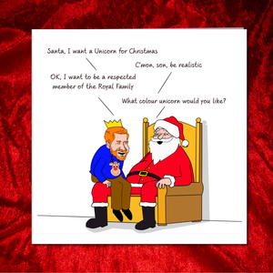 Funny Prince Harry and Meghan Markle Christmas Card - Harry with Santa Claus - Royal Family Respect - Unicorn Humorous / Humor - Joke Cartoon Fun