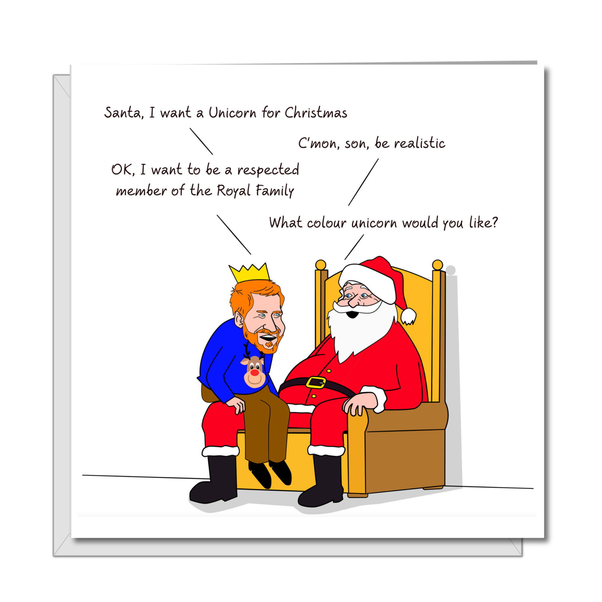 Funny Prince Harry and Meghan Markle Christmas Card - Harry with Santa Claus - Royal Family Respect - Unicorn Humorous / Humor - Joke Cartoon Fun