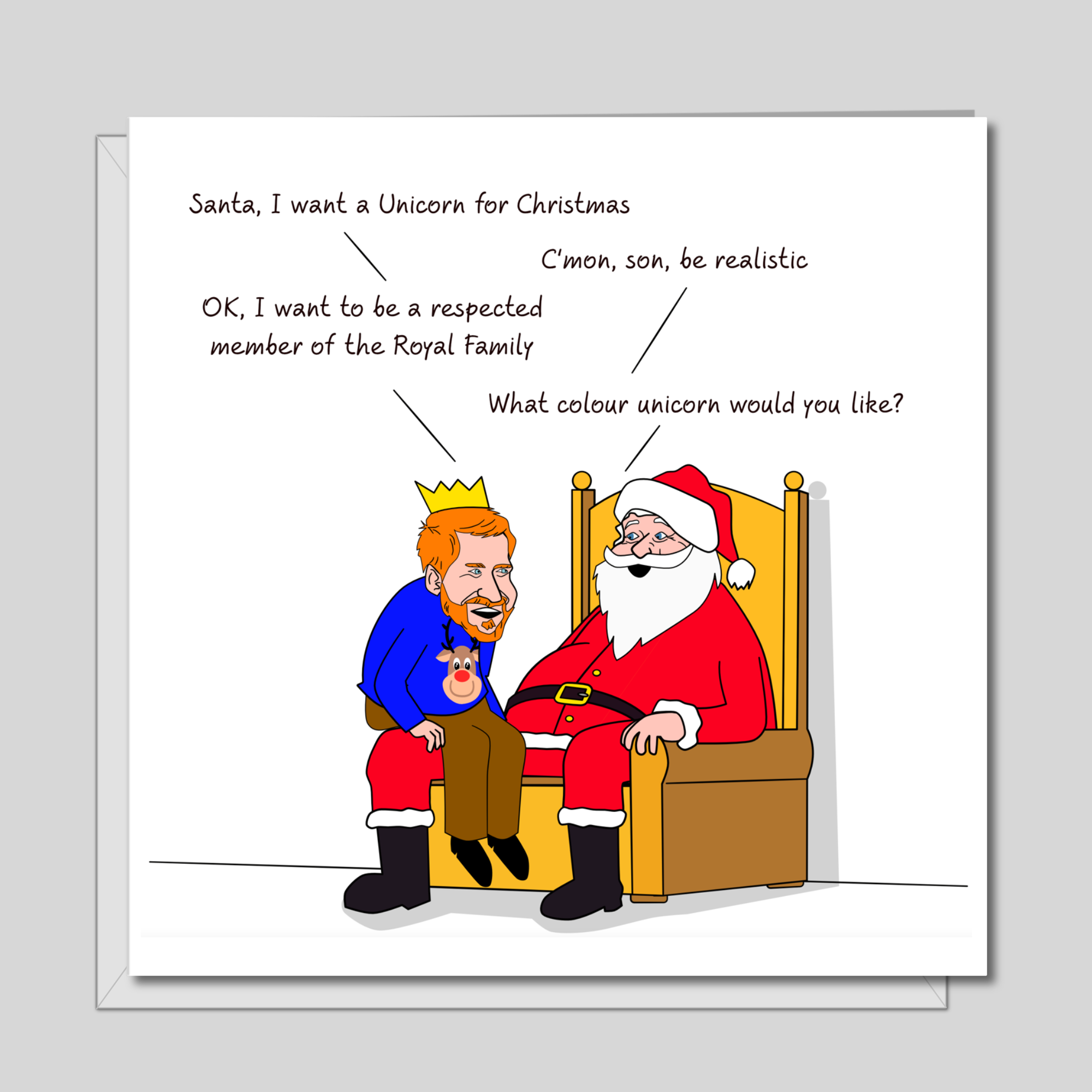 Funny Prince Harry and Meghan Markle Christmas Card - Harry with Santa Claus - Royal Family Respect - Unicorn Humorous / Humor - Joke Cartoon Fun