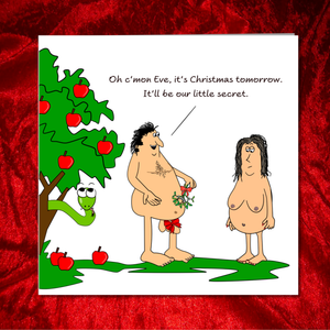Funny Christmas Card - Adam and Eve - Cheeky Rude Humorous / Humor - Joke Cartoon Fun - Boyfriend Girlfriend Friends Family