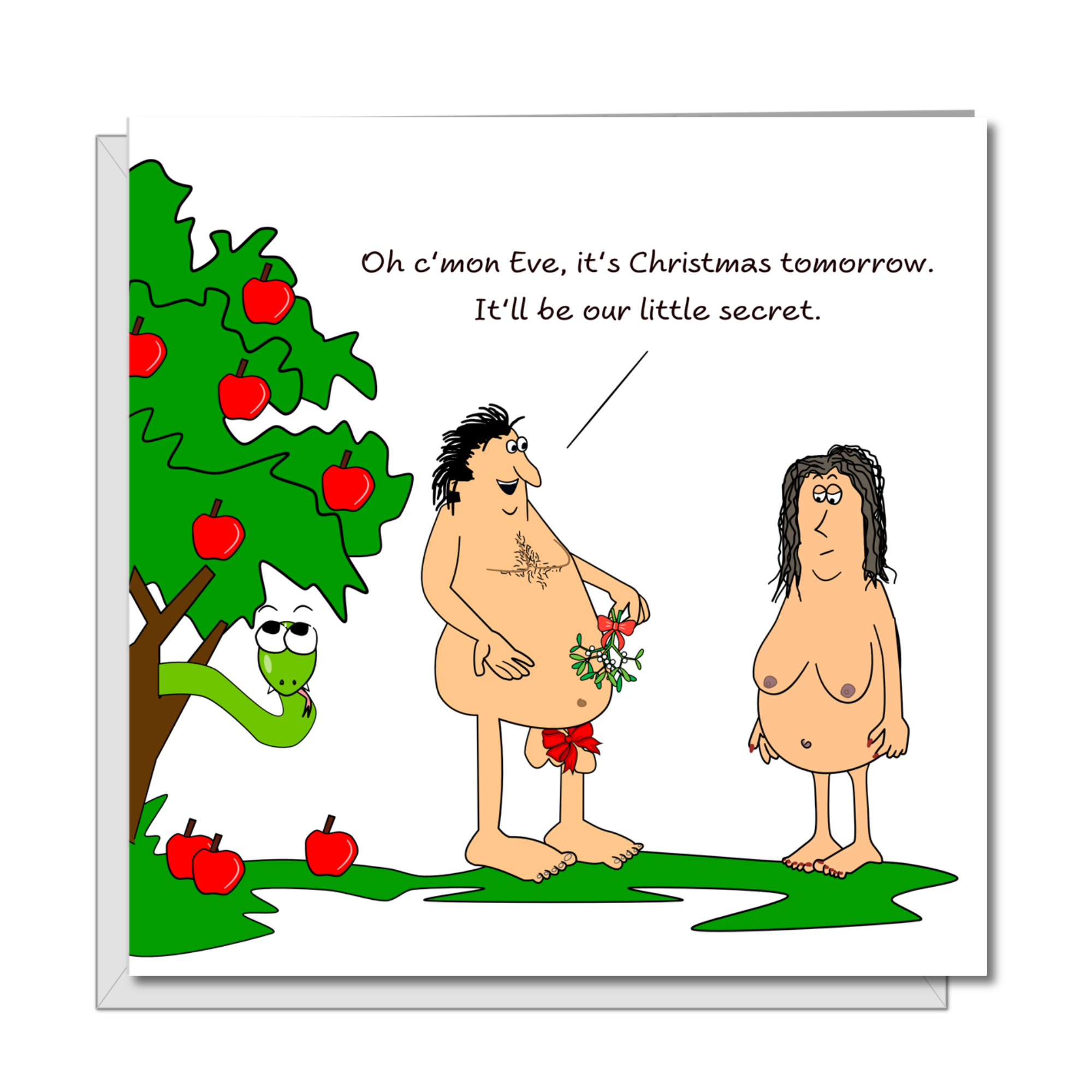 Funny Christmas Card - Adam and Eve - Cheeky Rude Humorous / Humor - Joke Cartoon Fun - Boyfriend Girlfriend Friends Family