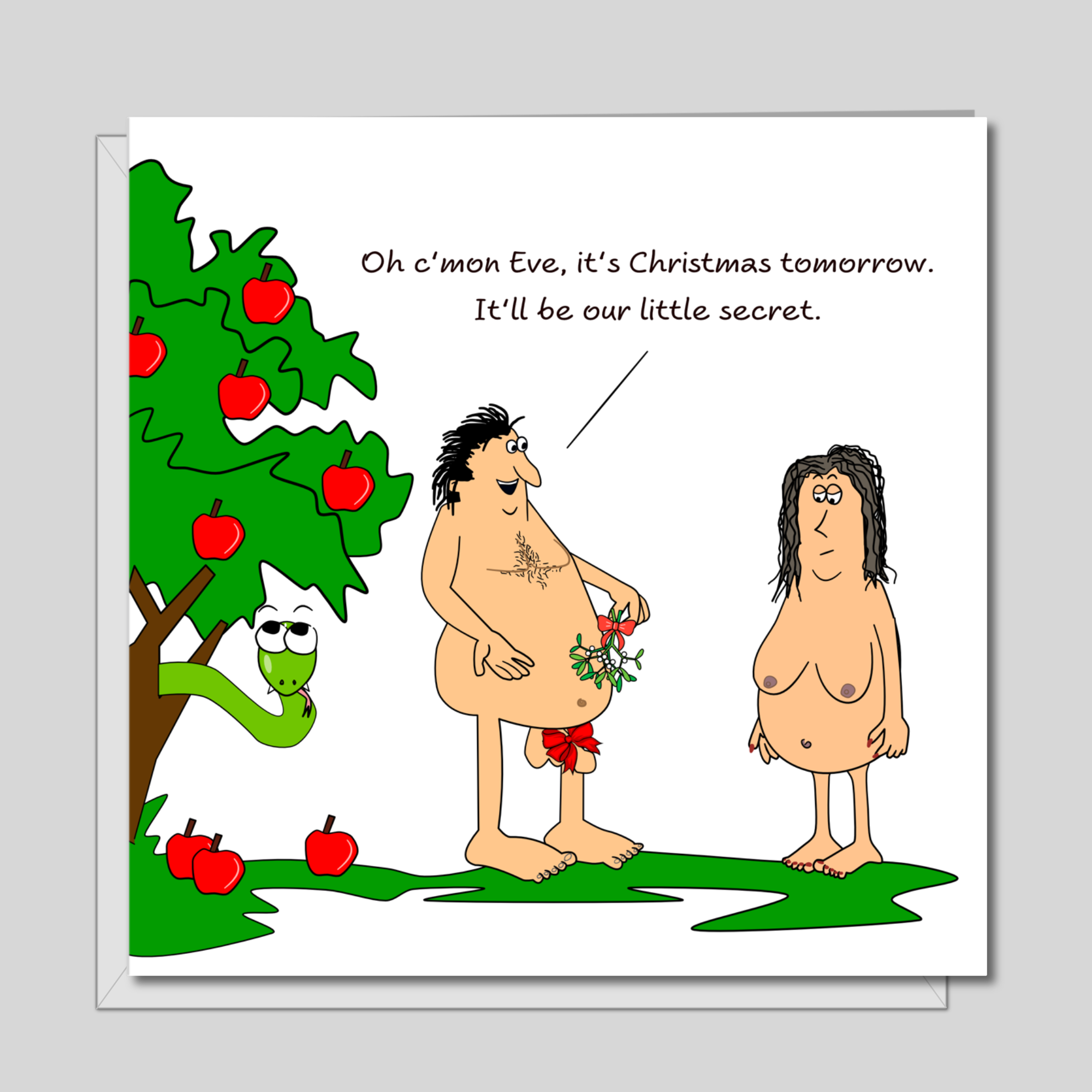 Funny Christmas Card - Adam and Eve - Cheeky Rude Humorous / Humor - Joke Cartoon Fun - Boyfriend Girlfriend Friends Family
