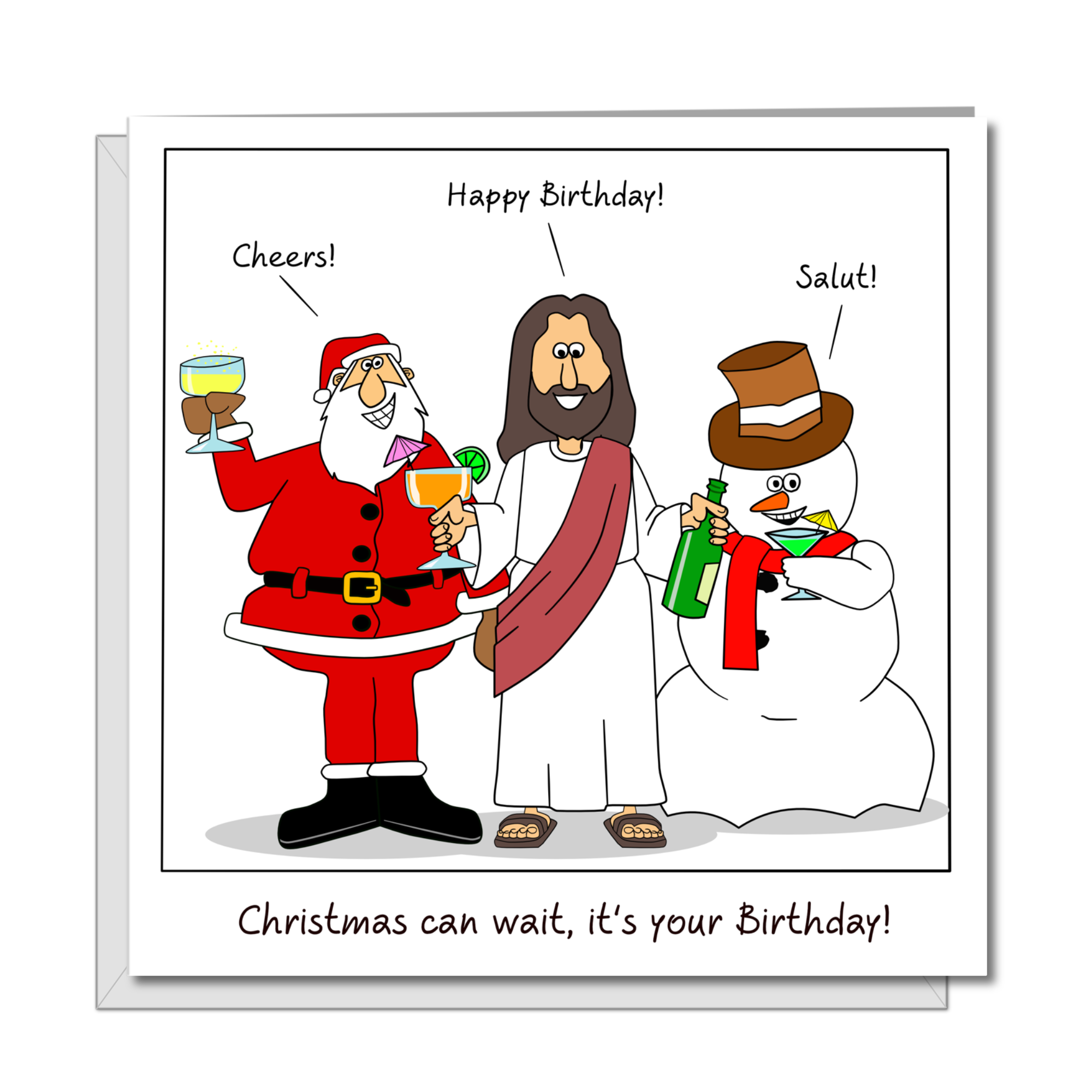 December Birthday Card - Combined Christmas Jesus Santa Claus -  Funny, Humorous and Amusing Cartoon