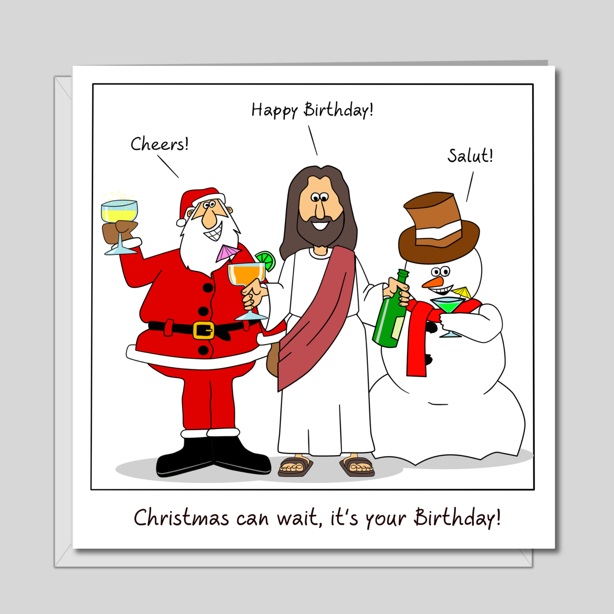 December Birthday Card - Combined Christmas Jesus Santa Claus -  Funny, Humorous and Amusing Cartoon