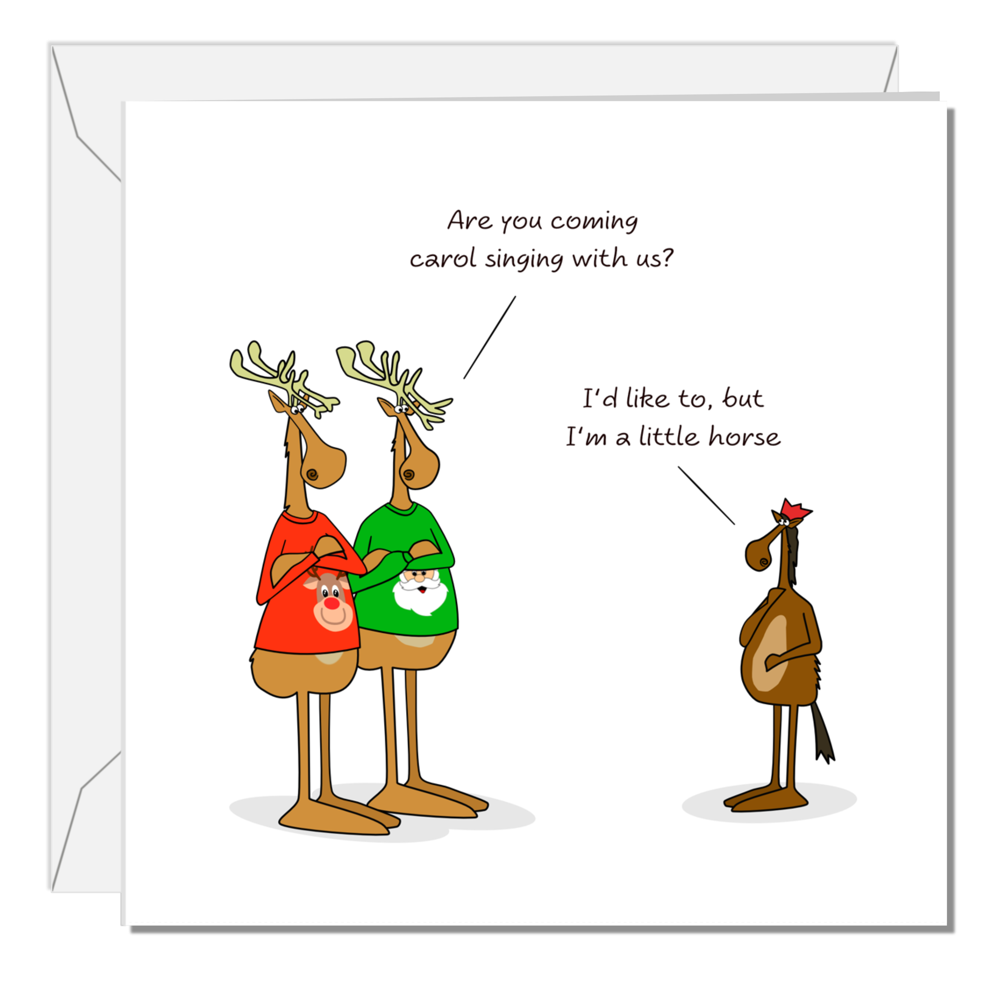 Funny Christmas Card for all the family, friends, children, work colleague - humorous reindeer horse cartoon. Cheeky cute design by Swizzoo