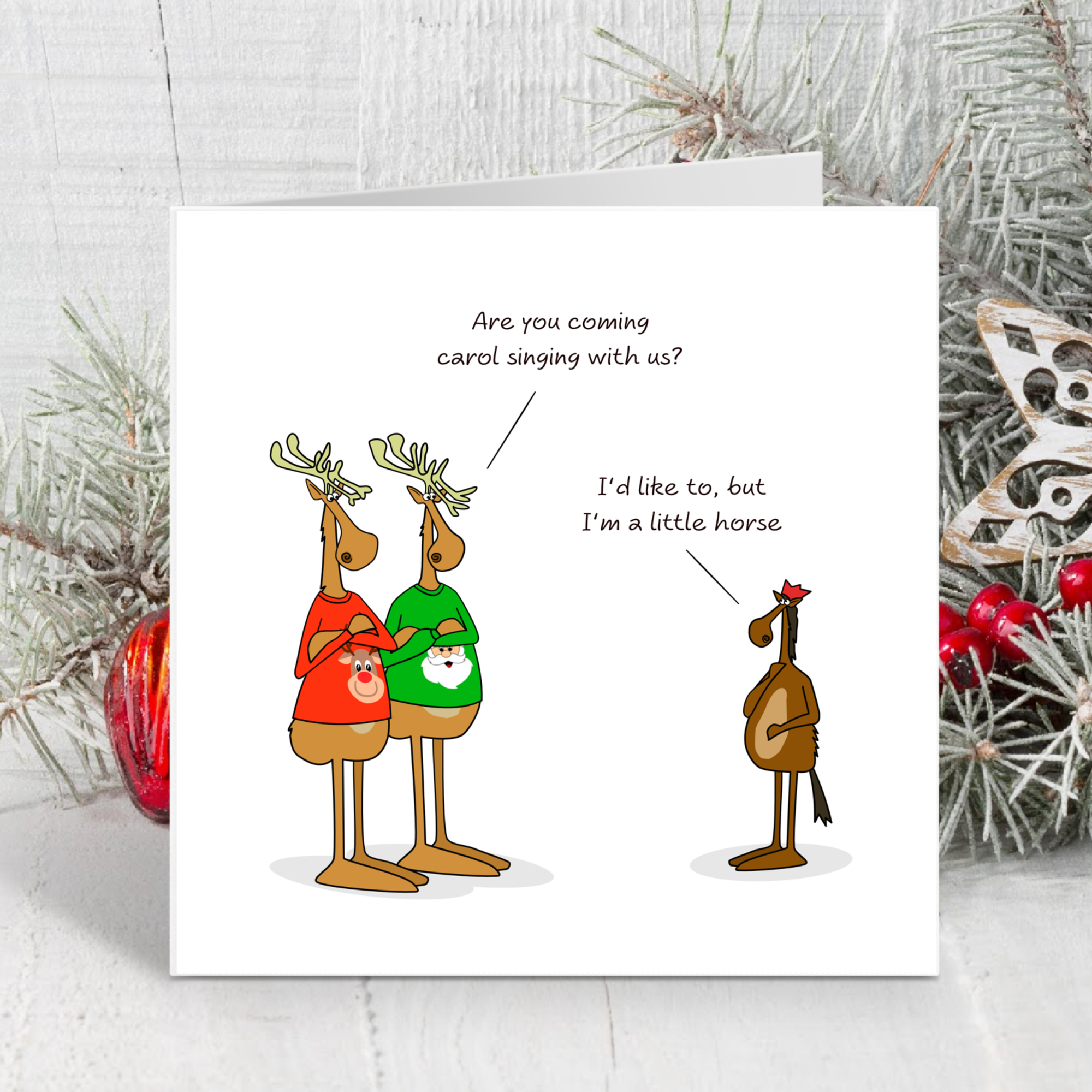 Funny Christmas Card for all the family, friends, children, work colleague - humorous reindeer horse cartoon. Cheeky cute design by Swizzoo