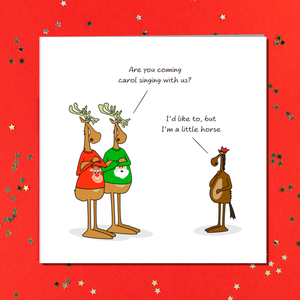 Funny Christmas Card for all the family, friends, children, work colleague - humorous reindeer horse cartoon. Cheeky cute design by Swizzoo