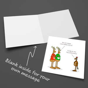 Funny Christmas Card for all the family, friends, children, work colleague - humorous reindeer horse cartoon. Cheeky cute design by Swizzoo