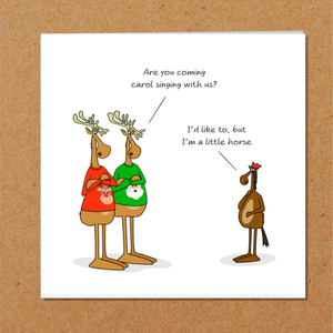 Funny Christmas Card for all the family, friends, children, work colleague - humorous reindeer horse cartoon. Cheeky cute design by Swizzoo