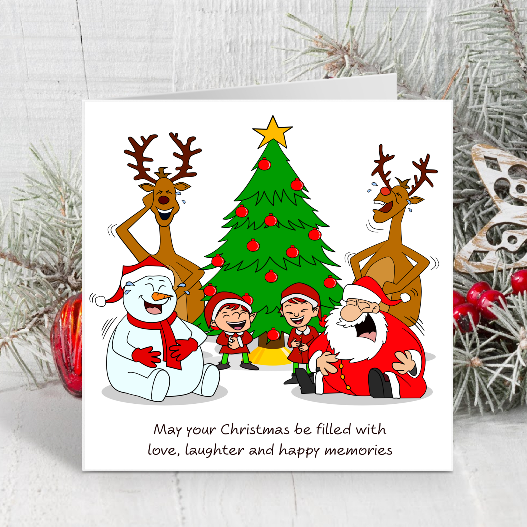 Funny Christmas Card for your Special Friends or Family - Love Laughter Memories - Santa Elves Reindeer Snowman - Humorous / Humour