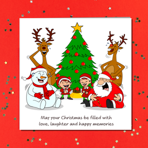 Funny Christmas Card for your Special Friends or Family - Love Laughter Memories - Santa Elves Reindeer Snowman - Humorous / Humour