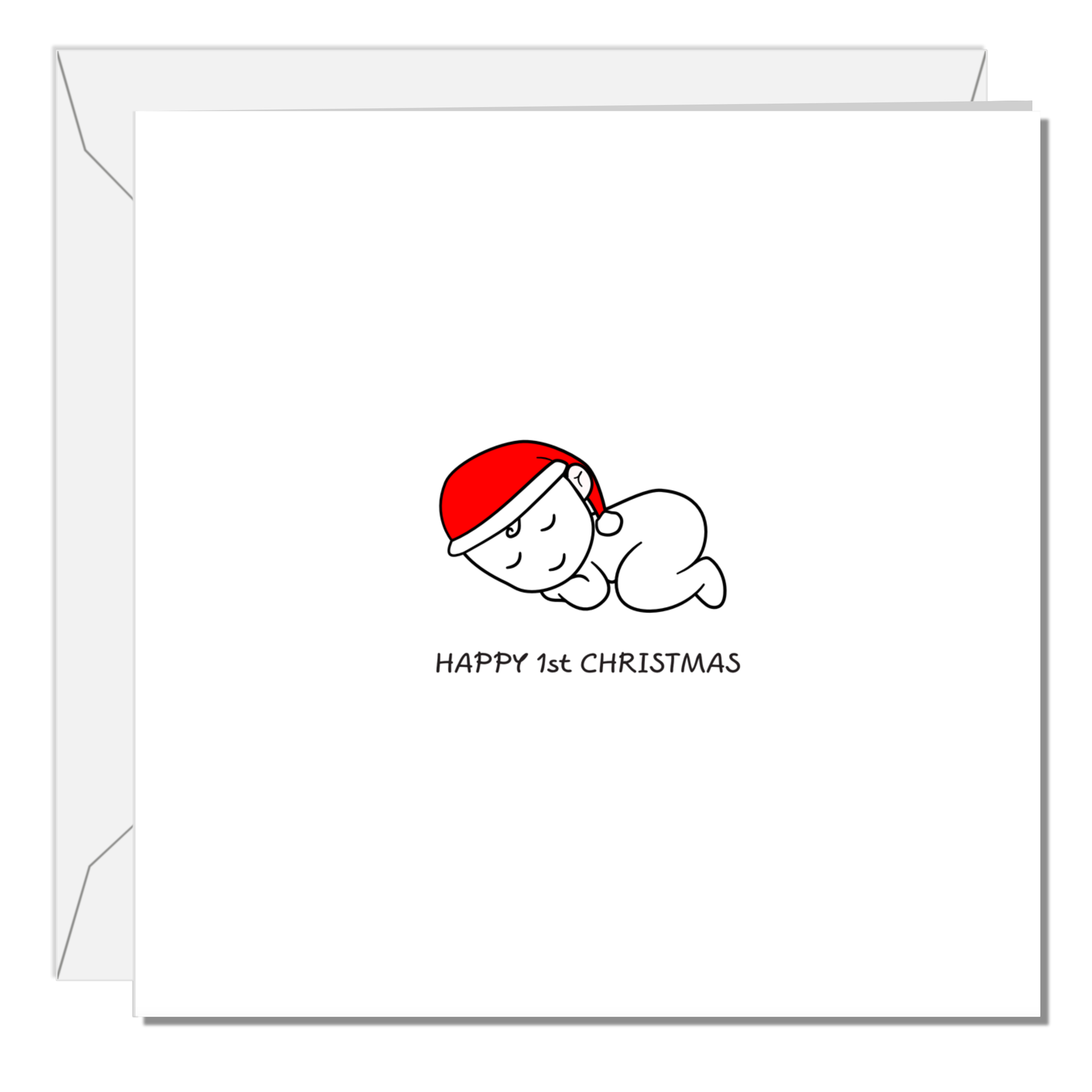 1st Birthday Christmas Card for Baby - Cute Sleeping Baby Wearing a Red Santa Claus Hat - Happy First Xmas