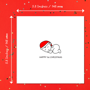 1st Birthday Christmas Card for Baby - Cute Sleeping Baby Wearing a Red Santa Claus Hat - Happy First Xmas