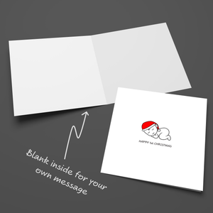 1st Birthday Christmas Card for Baby - Cute Sleeping Baby Wearing a Red Santa Claus Hat - Happy First Xmas