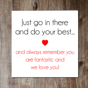 Good Luck Card - Exams (GCSE, A Levels, Sats), driving test, new job, challenge, university - minimalist heart black red